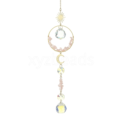 Glass Beads &  Natural Rose Quartz Chip Beads & Brass Hanging Suncatchers HJEW-JM04994-02-1