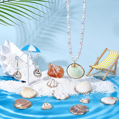 32Pcs 8 Styles Electroplated Natural Mixed Shell Pendants SSHEL-SC0001-62C-1