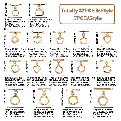 32Pcs 16 Styles Rack Plating Brass Toggle Clasps KK-KS0001-25-1