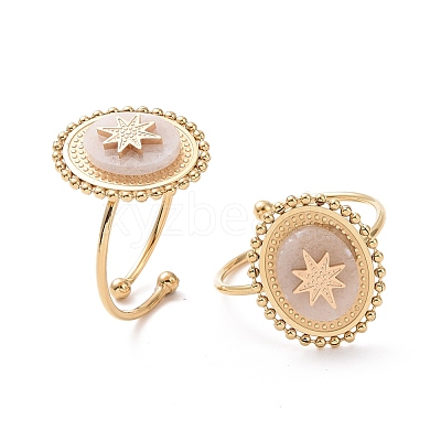 Ion Plating(IP) Natural Gemstone Oval with Star Open Cuff Ring RJEW-G265-06G-1