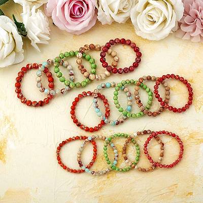 3Pcs 3 Size Natural Imperial Jasper Round Beaded Stretch Bracelets Set BJEW-SW00064-29-1