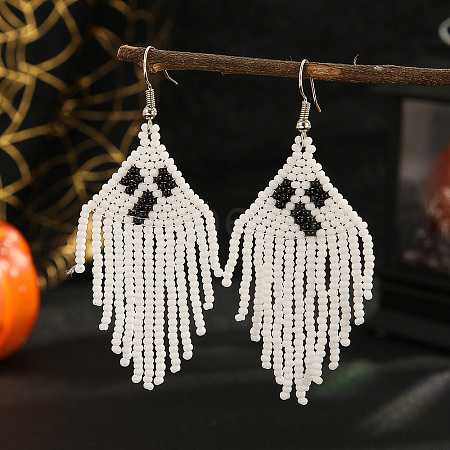 White Ghost Pattern Glass Bead Tassel Earrings for Women MS7668-1