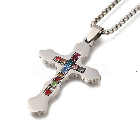 304 Stainless Steel Colorful Cubic Zirconia Cross Pendant Box Chain Necklaces NJEW-Q002-02P-1