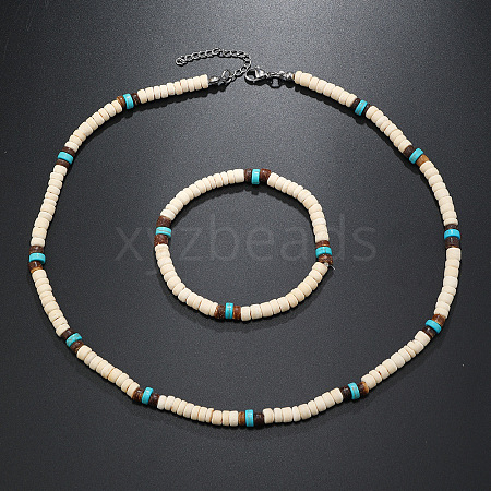 Bohemian Style Coconut Shell with Synthetic Turquoise Rondelle Beaded Necklaces & Bracelets Sets FS-WG8D889-03-1