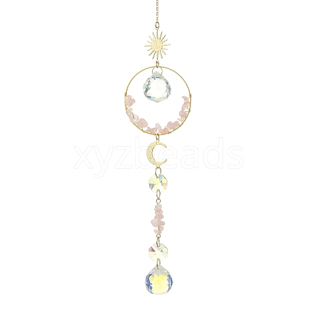 Glass Beads &  Natural Rose Quartz Chip Beads & Brass Hanging Suncatchers HJEW-JM04994-02-1