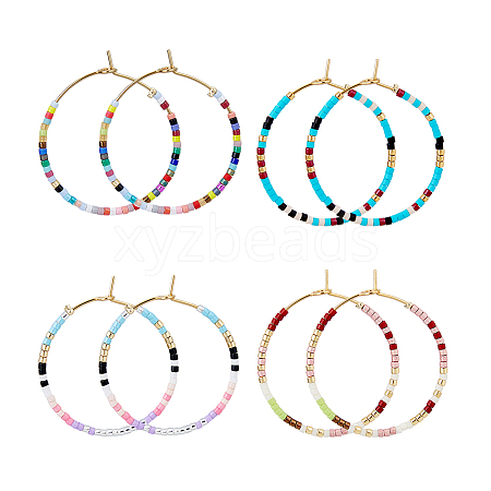 FIBLOOM 4 Pairs 4 Colors Bohemian Style Miyuki Seed Beaded Hoop Earrings EJEW-FI0001-83-1