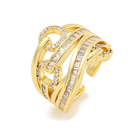 Rack Plating Buckle Brass Micro Pave Clear Cubic Zirconia Wide Cuff Rings for Women RJEW-C103-13G-1