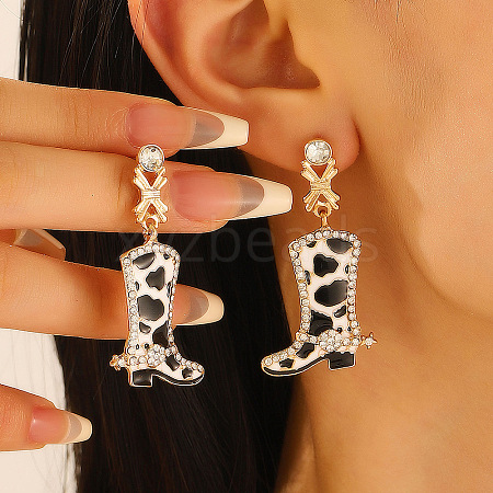 Cowboy Boot with Leopard Print Alloy & Crystal Rhinestone Dangle Stud Earrings WGE566C-04-1