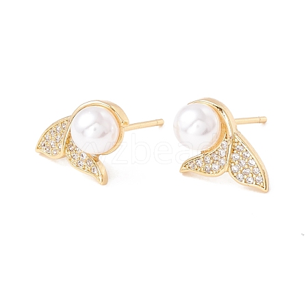 Clear Cubic Zirconia Fishtail Stud Earrings with Acrylic Pearl EJEW-F282-34G-1