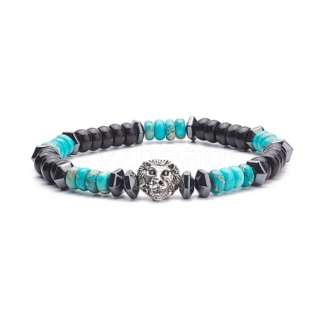 Natural Imperial Jasper & Synthetic Hematite & Coconut Shell Stretch Bracelet with Alloy Lion BJEW-JB08149-1