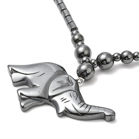 Synthetic Non-magnetic Hematite Elephant Pendant Necklace with Beaded Chains NJEW-E095-01-1