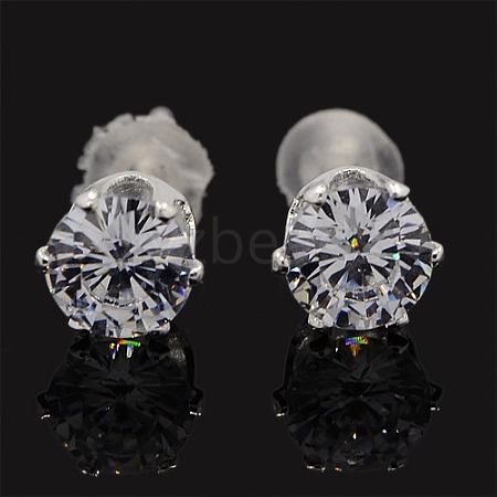 Trendy Women's CZ Earrings Cubic Zirconia Flat Round Stud Earrings EJEW-L038-C-04-1