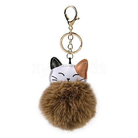 Imitation Rex Rabbit Fur Ball & PU Leather Cat Pendant Keychain KEYC-K018-05KCG-03-1