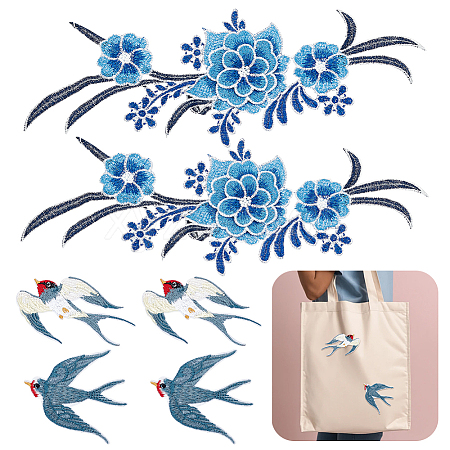 WADORN 6Pcs 4 Style Swallow & Flower Computerized Embroidery Iron on/Sew on Patches PATC-WR0001-02-1