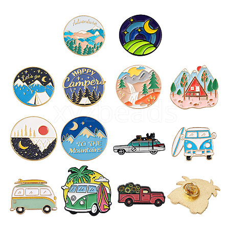 Yilisi 13Pcs 13 Style Flat Round & Car & Moon Alloy Enamel Brooches JEWB-YS0001-07-1