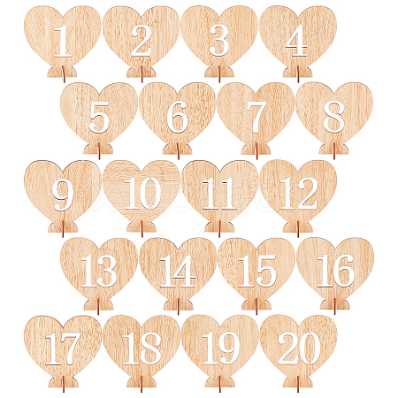 Heart Wooden Table Number 1-20 with Base DJEW-WH0033-61-1