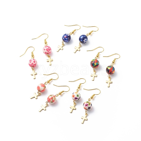 Resin Round Bead with Cross Dangle Earrings EJEW-JE05056-1