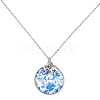 Steel Blue Glass Flat Round & Alloy Pendant Necklace NJEW-JN04453-02-1