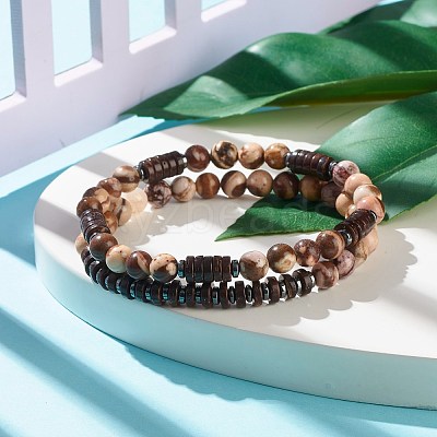 Natural Zebra Jasper & Synthetic Non-magnetic Hematite Beads Energy Stretch Bracelets Set BJEW-JB07142-02-1