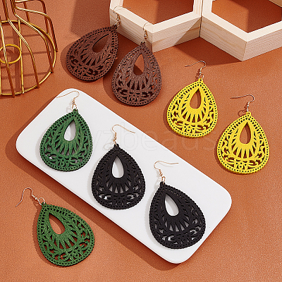 4 Pairs 4Colors Wood Dangle Earrings for Women EJEW-AN0003-93-1