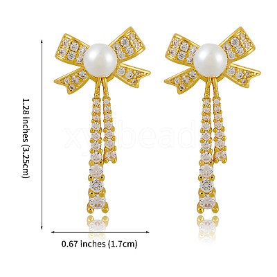 Clear Cubic Zirconia Bowknot Dangle Stud Earrings with Imitation Pearl Beaded JE1094A-1