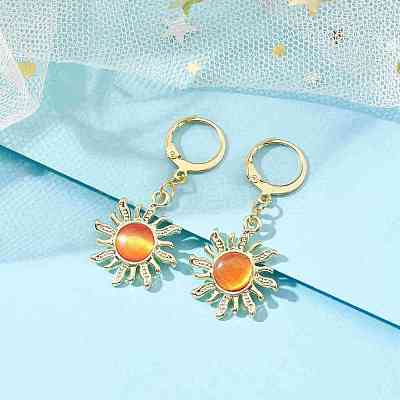 Golden Alloy Sun Shape Dangle Leverback Earrings with Cat Eye EJEW-JE05587-03-1
