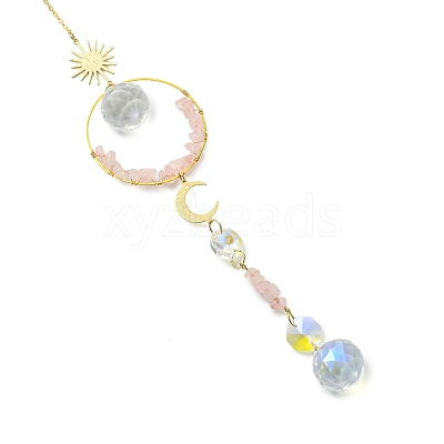 Glass Beads &  Natural Rose Quartz Chip Beads & Brass Hanging Suncatchers HJEW-JM04994-02-1