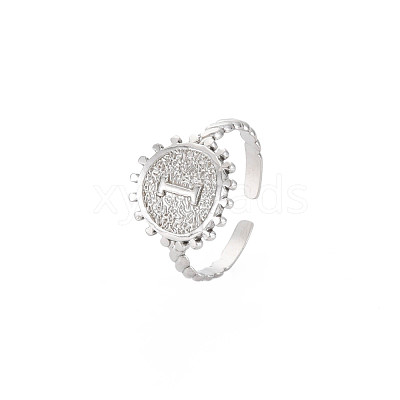 Non-Tarnish 304 Stainless Steel Flat Round with Initial Letter Open Cuff Ring for Men Women RJEW-S405-246P-I-1