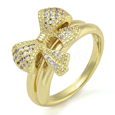 Bowknot Brass Micro Pave Clear Cubic Zirconia Open Cuff Double Rings RJEW-Z046-04G-01-1