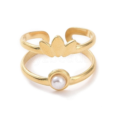 Plastic Imitation Pearl Beaded Leaf Open Cuff Ring KK-A181-VF508-1