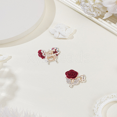 2Pcs Zinc Alloy with Flocking and Rhinestone Rose Mini Claw Hair Clips for Women Girls PHAR-LP0003-001-1