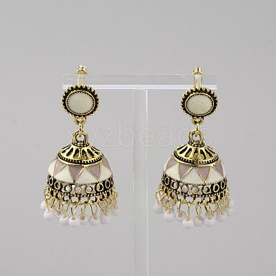 Ethnic Style 3D Enamel Bell with Seed Beeded Dangle Stud Earrings EJEW-WH0047-33C-1