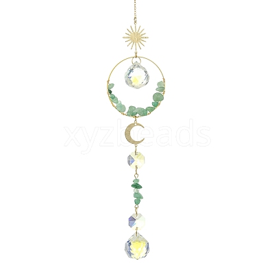 Glass Beads &  Natural Green Aventurine Chip Beads & Brass Hanging Suncatchers HJEW-JM04994-04-1