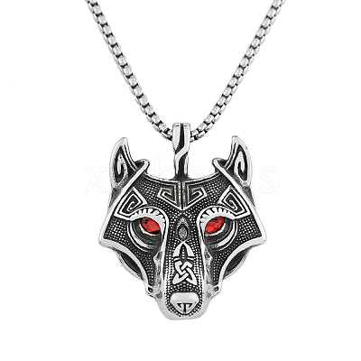304 Stainless Steel Rhinestone Viking Wolf Head Pendant Necklaces FS-WGCFA8E-04-1