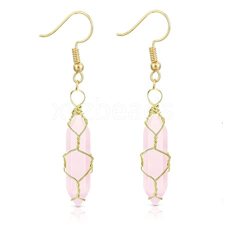 Rose Quartzl Hexagon Handmade Copper Wire Wrapped Earrings Natural Stone Column Earrings ND6138-2-1