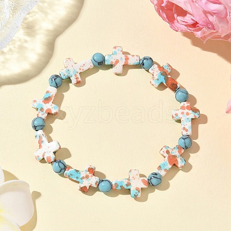 Baking Paint Synthetic Turquoise Cross & Round Beads Stretch Bracelets for Men Women BJEW-JB12341-01-1