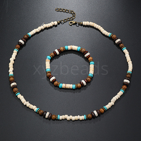Bohemian Style Coconut Shell with Synthetic Turquoise Rondelle Beaded Necklaces & Bracelets Sets FS-WG8D889-02-1