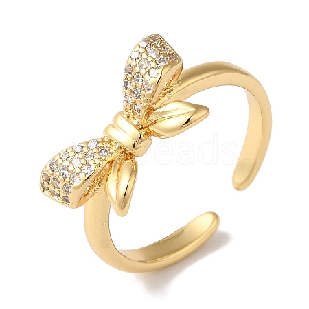 Bowknot Brass Micro Pave Clear Cubic Zirconia Open Cuff Rings for Women RJEW-C098-04G-1