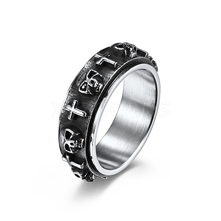 Stainless Steel Skull & Cross Rotatable Finger Ring SKUL-PW0002-015F-P-1