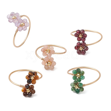 Flower Natural Garnet & Fuchsite & Tiger Eye & Amethyst & Sunstone Finger Rings RJEW-JR00779-1