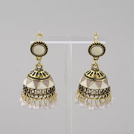 Ethnic Style 3D Enamel Bell with Seed Beeded Dangle Stud Earrings EJEW-WH0047-33C-1