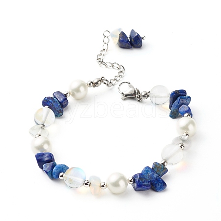 Natural Lapis Lazuli(Dyed) Chip Beaded Bracelet for Girl Women BJEW-TA00019-04-1