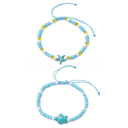 Synthetic Turquoise & Glass Seed Braided Bead Bracelets BJEW-JB11153-1