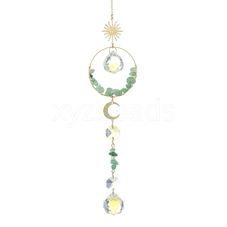 Glass Beads &  Natural Green Aventurine Chip Beads & Brass Hanging Suncatchers HJEW-JM04994-04-1