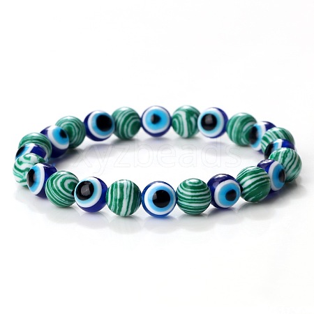 Synthetic Malachite & Evil Eye Round Beaded Stretch Bracelets for Men EH2427-4-1