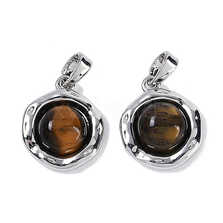 Brass Pave Natural Tiger Eye Flat Round Charms KK-U043-42G-B-1