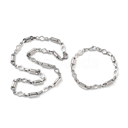 Anti-Tarnish 201 Stainless Steel Column & Rhombus Link Chain Necklace & Bracelets Set SJEW-G083-06P-1