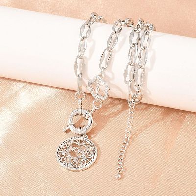 Mother's Day Brass Micro Pave Clear Cubic Zirconia Hollow Flat Round with Heart Mama Pendant Necklaces for Women NJEW-A071-05P-1