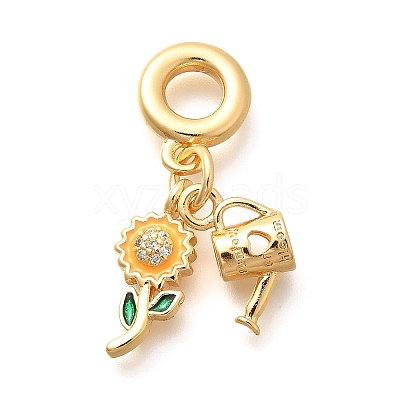 Brass Clear Cubic Zirconia Sunflower & Watering Can European Dangle Charms KK-U048-25G-1