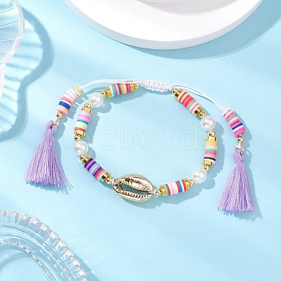 Flat Round Polymer Clay Braided Bead Bracelets BJEW-JB11500-1